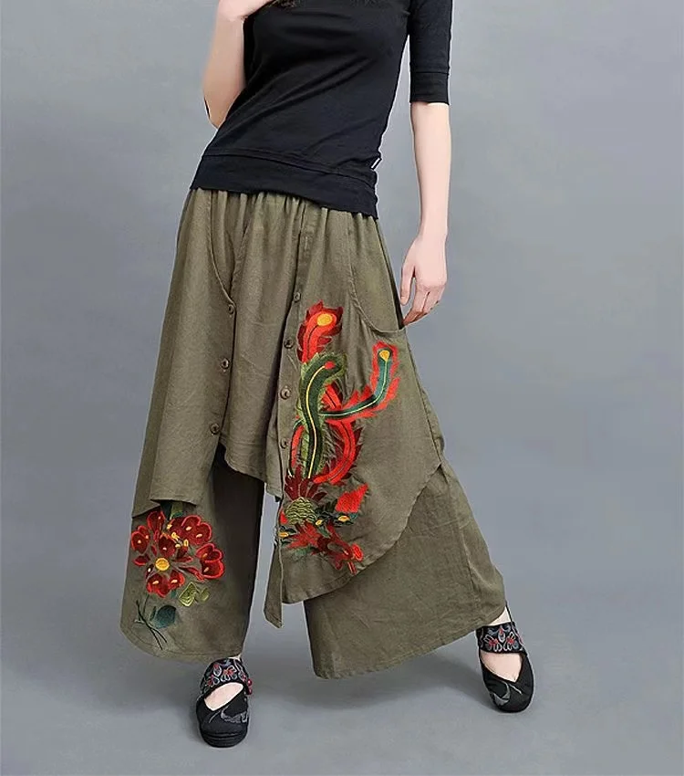 

Женские широкие брюки в этническом стиле, винтажные брюки 70-х годов в китайском стиле, зеленые, черные, красные, на осень и весну