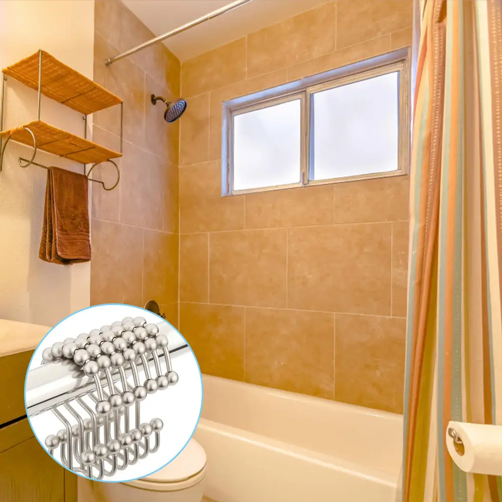 Shower Curtain Rings Shower Curtain Double Hooks Rust-Resistant Metal Black Rings Bathroom Liner 1set shower curtain clips