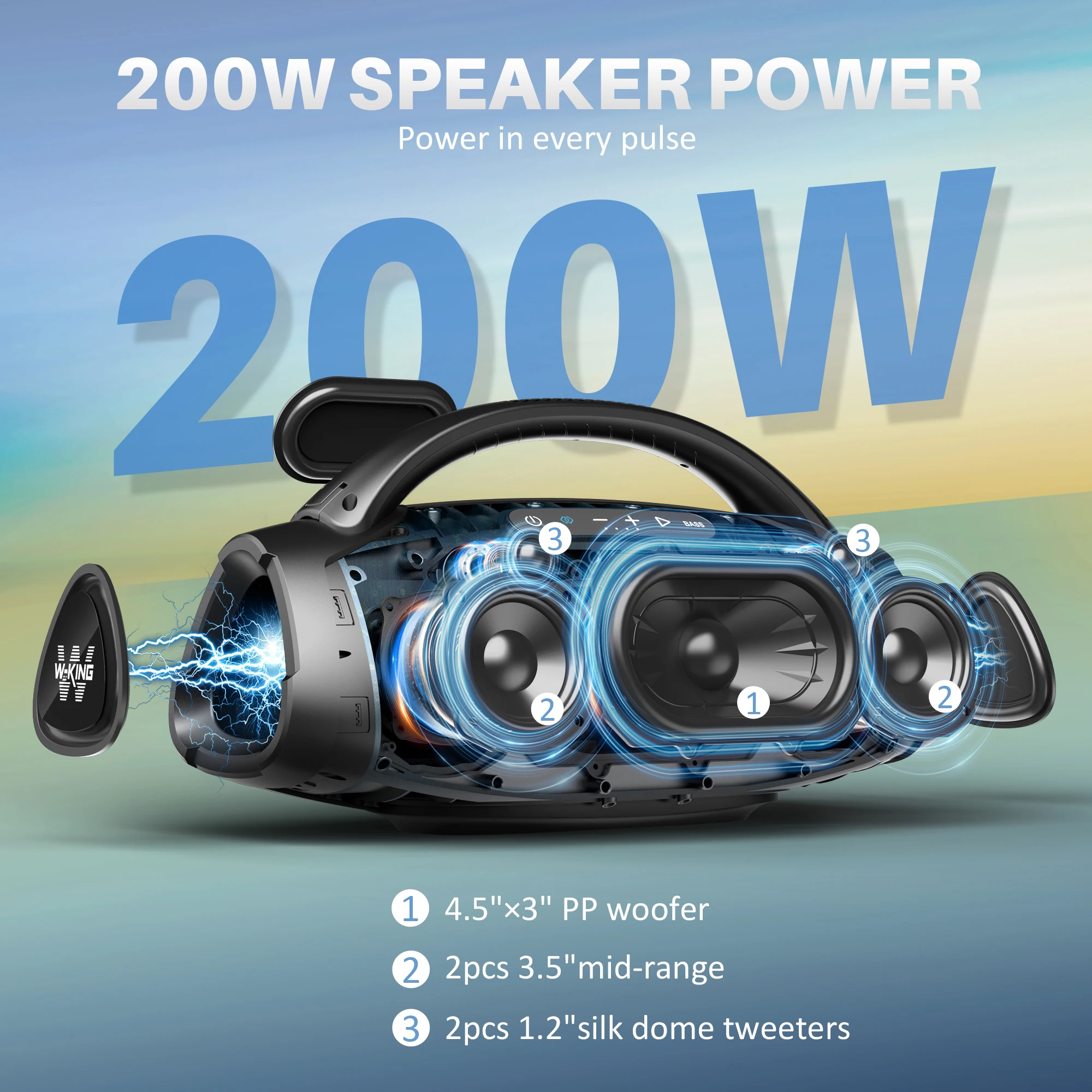 W-KING Portable Bluetooth Speakers 200W RMS, Massive Bass Party Boombox IPX7 Waterproof Speaker Large Loud Outdoor, With 2 Mic 6