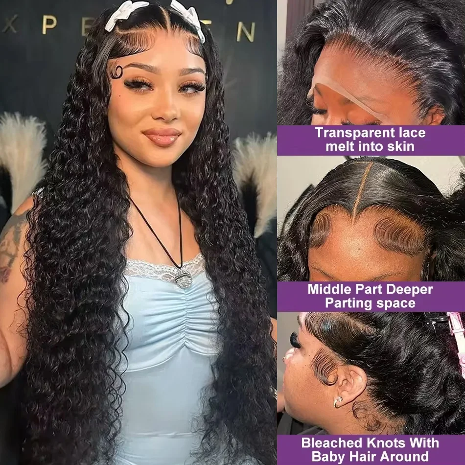 36 38 Inch Deep Wave 13x6 HD Transparent Lace Front Wig 13x4 Curly Lace Front Human Hair Wigs 200 Density For Women PrePlucked human hair wig