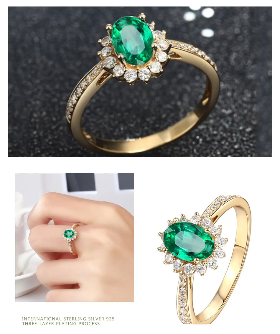 ZDADAN 925 Sterling Silver 18K Gold Emerald Adjustable Ring For Women Girls Fashion Party Jewelry