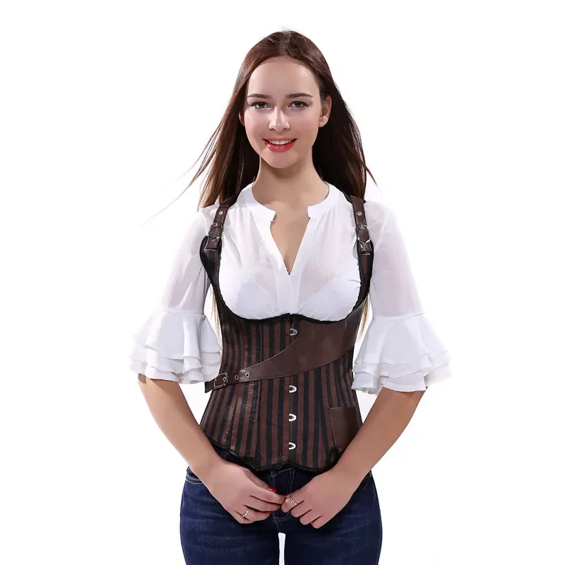 Caudatus Brown Leather Underbust Corset Spiral Steel Boned Steampunk Corset Pirate with Bustier Punk Halloween Costume Plus Size