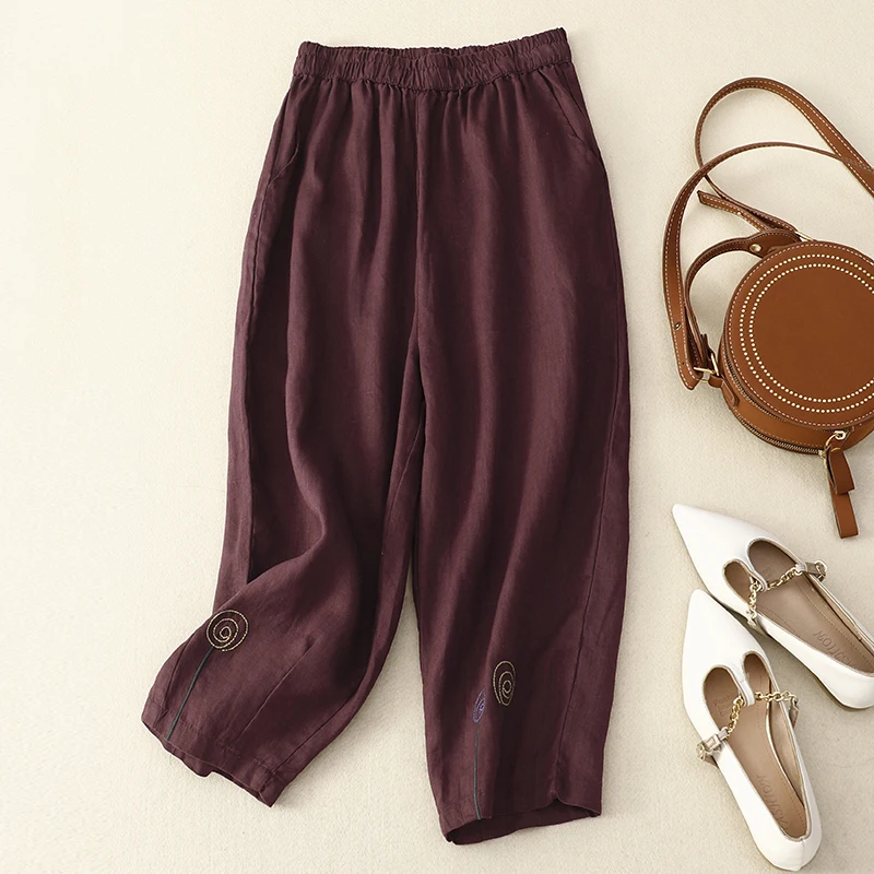 

Брюки женские льняные Простые повседневные, модные однотонные базовые штаны с эластичным поясом, винтажные мягкие удобные свободные шаровары в литературном стиле