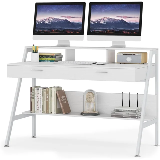 Computer Desk with Storage Shelf & Drawers, Modern 47 inch Office Writing Desk Study Table with Monitor Stand Riser 2