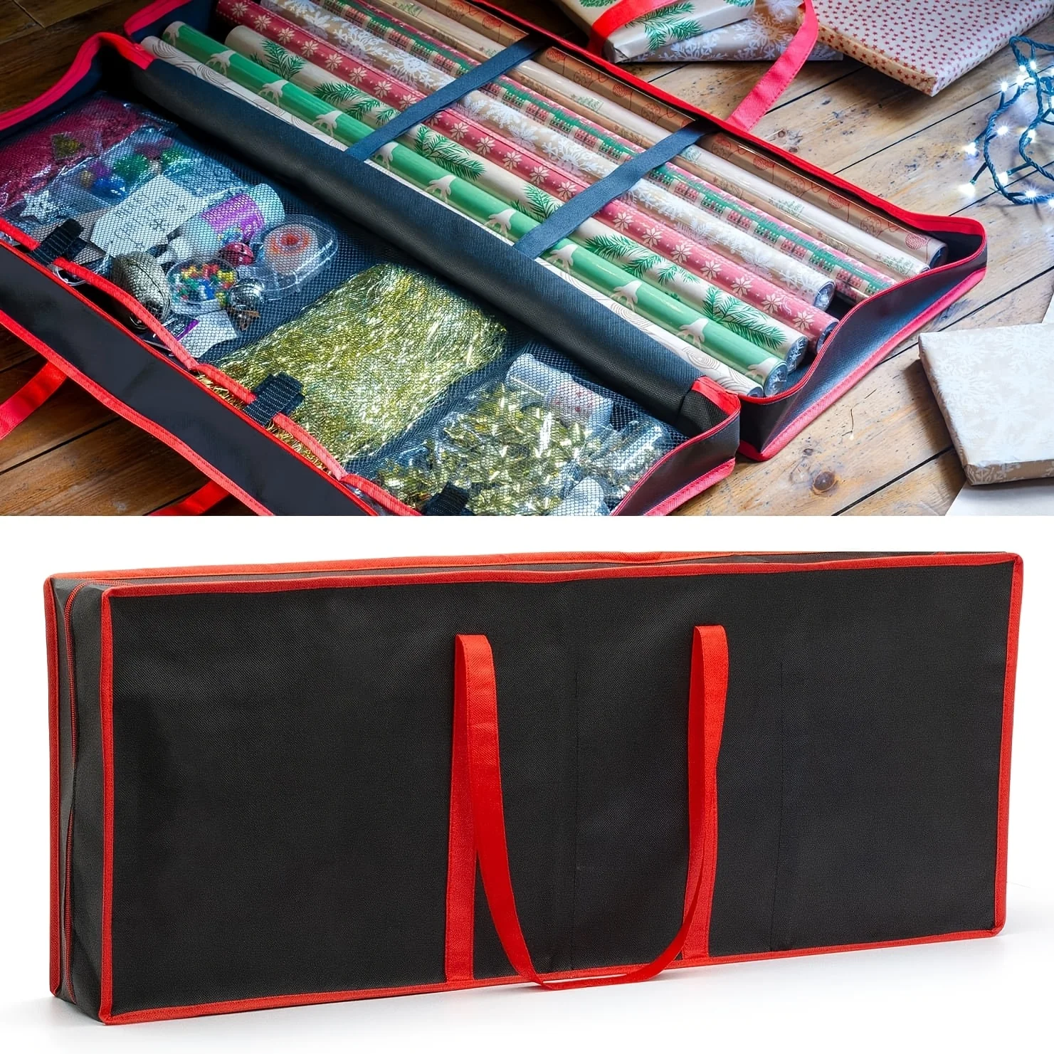 1 Stück Große Aufbewahrungstasche für Weihnachtsgeschenkpapier - Geschenkpapier-Organizer für Schleifen, Bänder & Rollen, Unterbett-Aufbewahrungsschublade – Detail 1