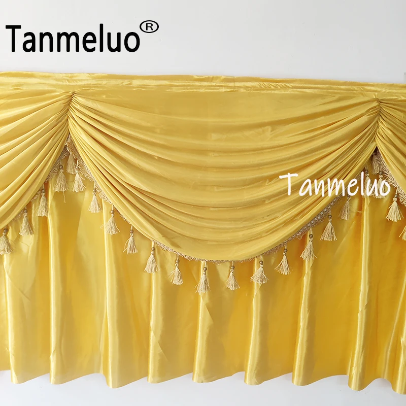 Gold Table Skirts with Swags and Tassels Pleated Tablecloth for Birthday Party Banquet Wedding Baby Shower Birthday Decorations