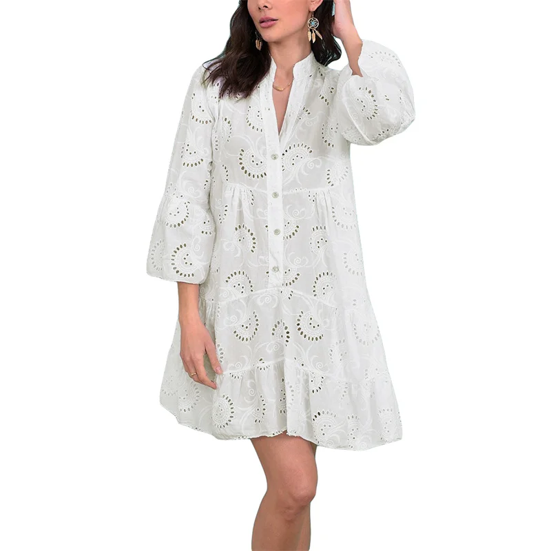 Beach Dress Women Embroidery Lace Eyelet Hollow Out 3/4 Sleeve Single Breasted Mini Dress y2k Vacation Dresses