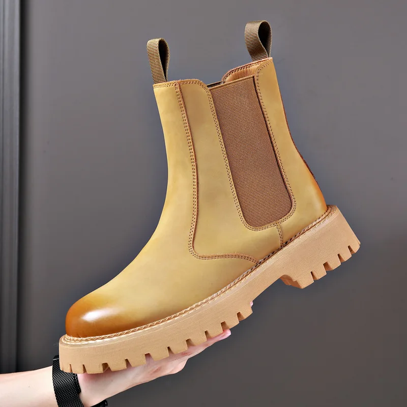 Yellow Stitch Smooth Leather Chelsea Boots Black Yellow Mens Boots