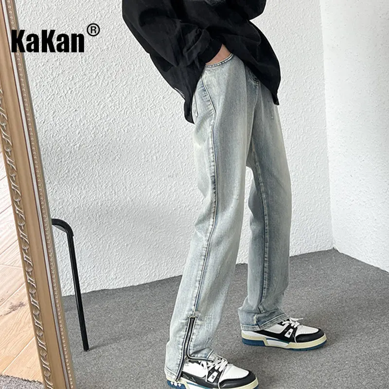 Kakan - New Side Split Street Jeans, Zippered Men's Buckle Straight Conduit Long Jeans K29-N693