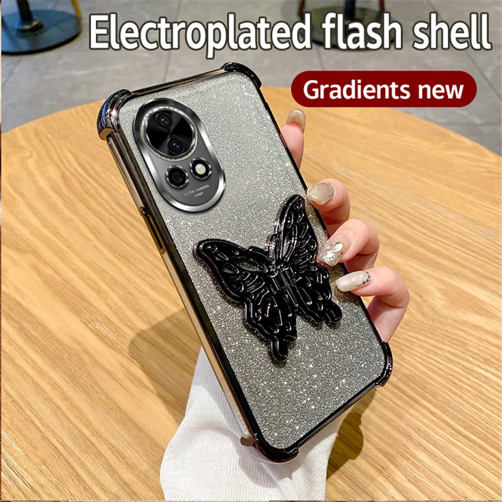 Shockproof Glitter Butterfly Stand Phone Case with Plating Soft Silicon Cover