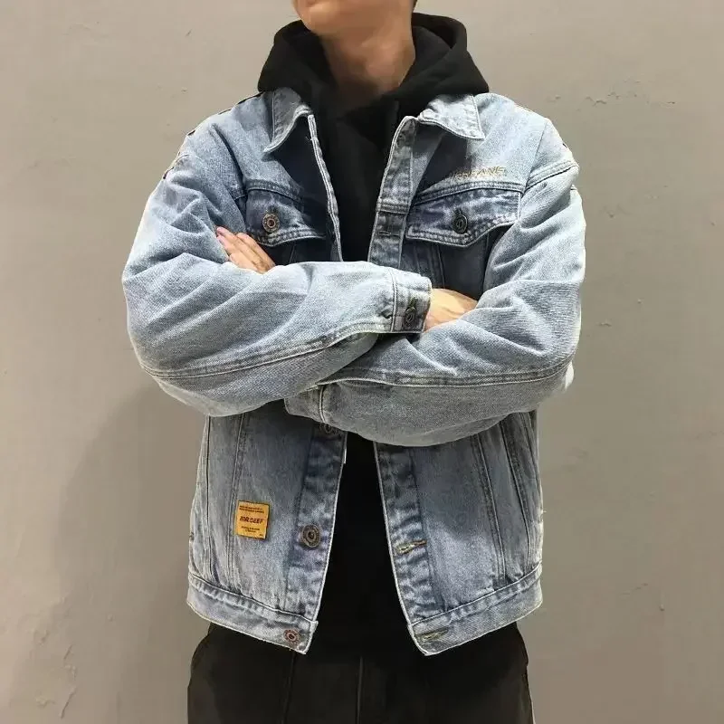 thumbnail image 1 of Con bordado Jeans Abrigo para hombres Chaquetas de mezclilla con botones Hombre Azul Moda Lavado G Vaquera Vaquera Outwear Talla L Moda Japonesa, 1 of 4