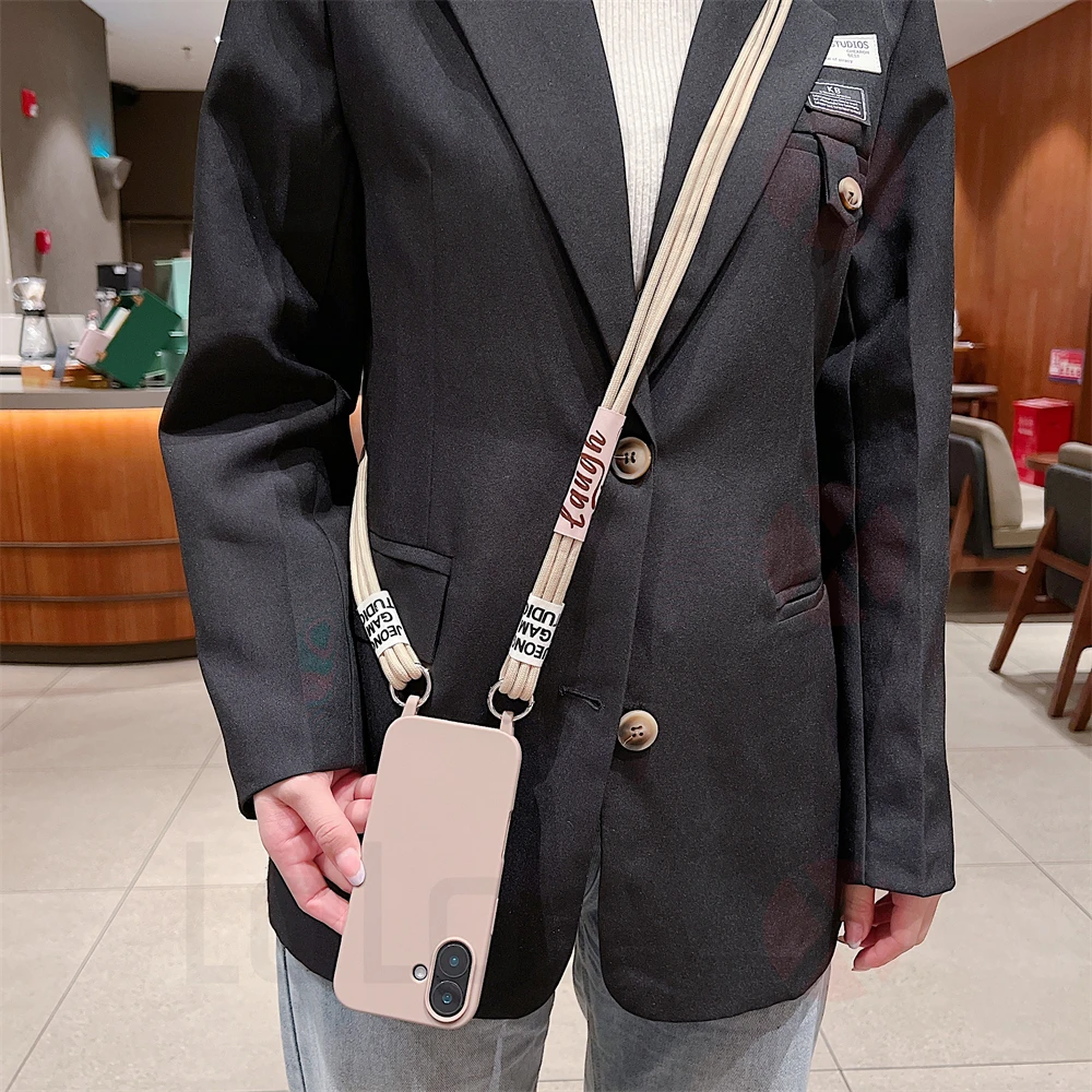 Crossbody Necklace Strap Cord Matte Soft Phone Case For iPhone 16 15 Pro Max 14 Plus 13 12 11 Liquid Silicone Shockproof Cover_voghion.com