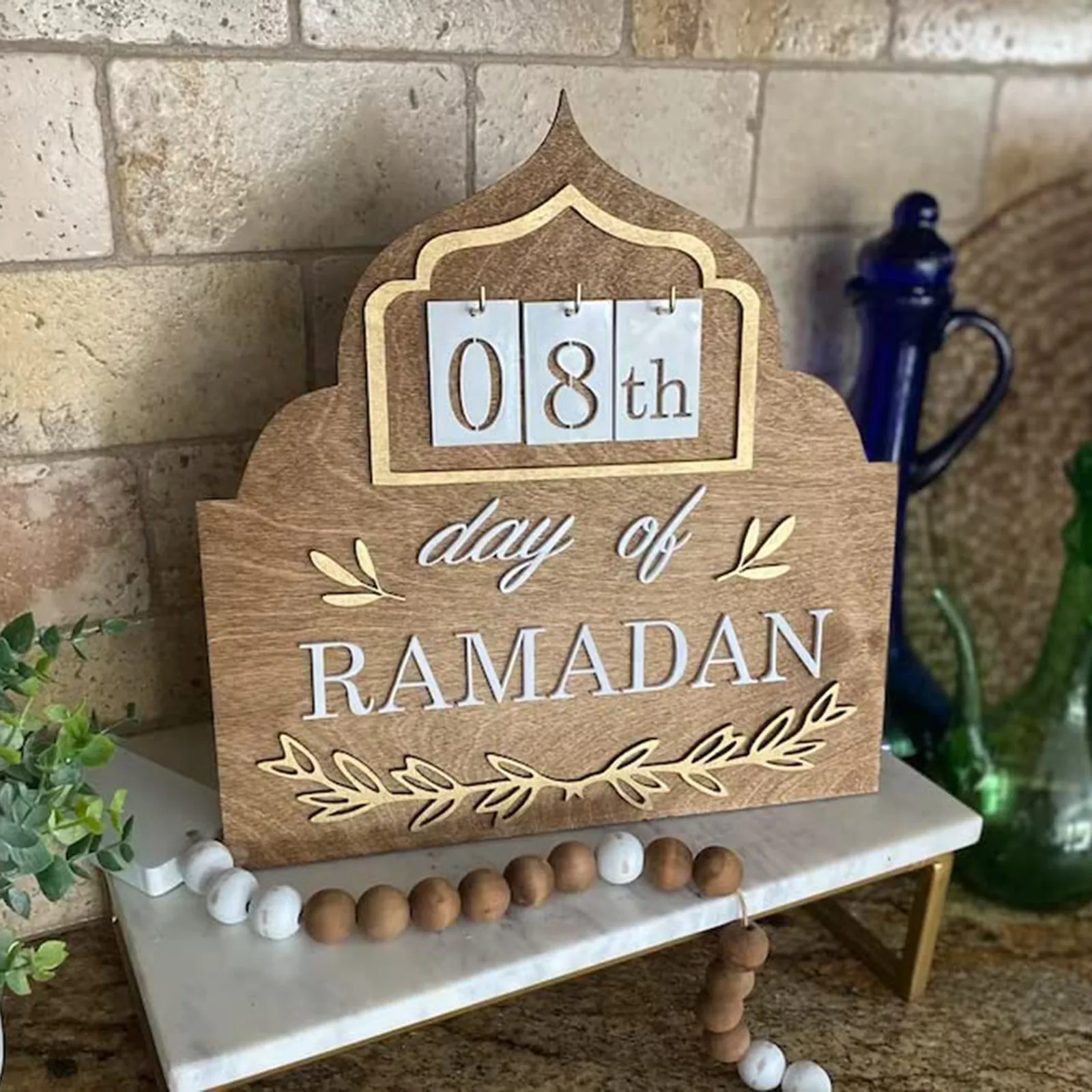 Haofy Calendrier de l'Aïd, Calendrier du Compte à Rebours du Ramadan  Ornement Décoratif en Bois sans Bavures pour la Maison (Tapez B)
