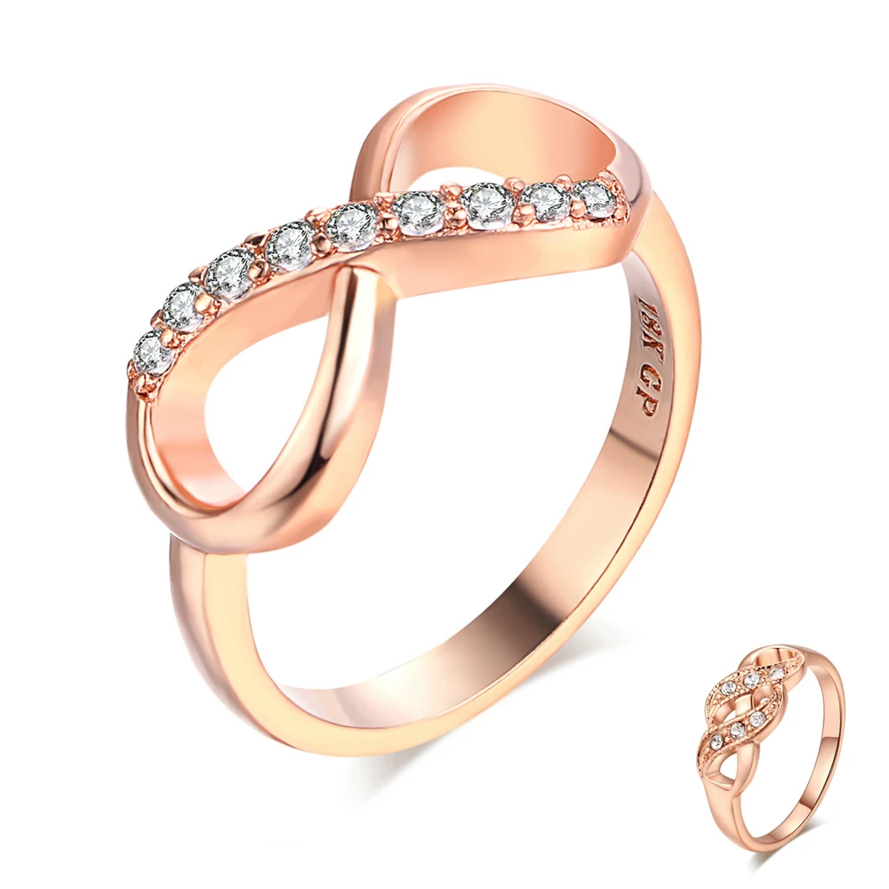 Neue Design heißer verkauf Mode Kupfer Kristall Ringe Rose Gold Farbe Unendlichkeit Ring Aussage schmuck HotSale für frauen R407
