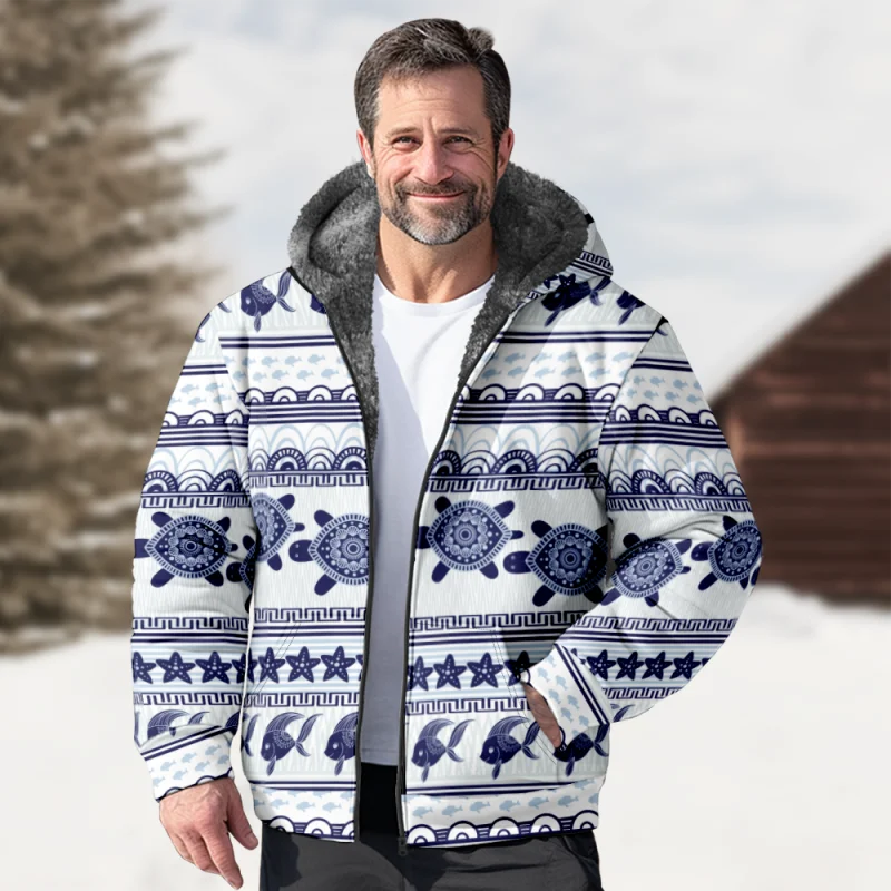 New Creative Cotton Coat Hooded Sweater Casual Print Men's Fur Loop Arctic Velvet Zipper Patch Pocket Hooded Sweater a42