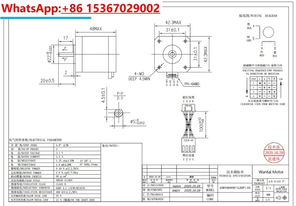 Nema 17，0.48N.m 2.5A， 5PCS Wantai stepper motors