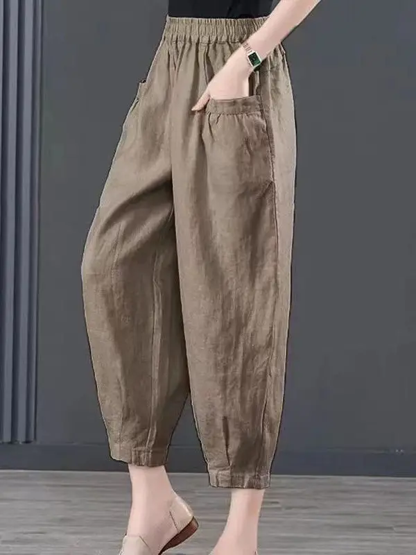 High Waist Ice Silk Cotton Linen Lantern Pants Women's Loose Harlan Pants Asymmetric Commute Sle Nine Points Summer 2025