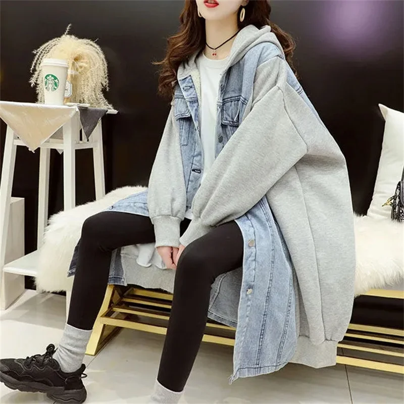 Thickened Mid Length Hooded Cardigan With Added Velvet Women's Autumn Winter 2024 New Loose Mesh Red Patchwork Jacket Commuting