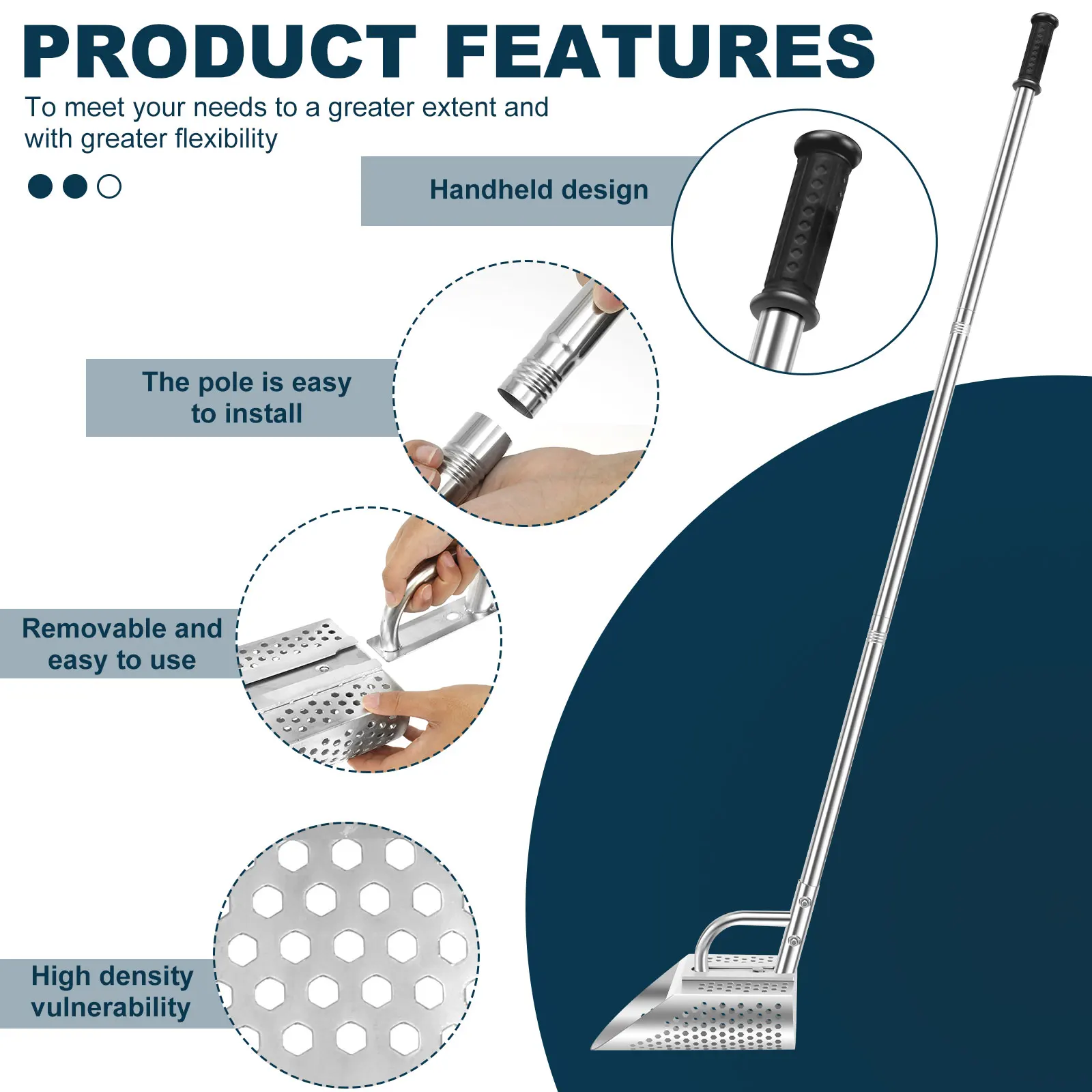 55inch Metal Detecting Sand Scoop Stainless Steel Beach Treasure Hunting Sand Scoop with Removable Long Handle for Beach Diving 5