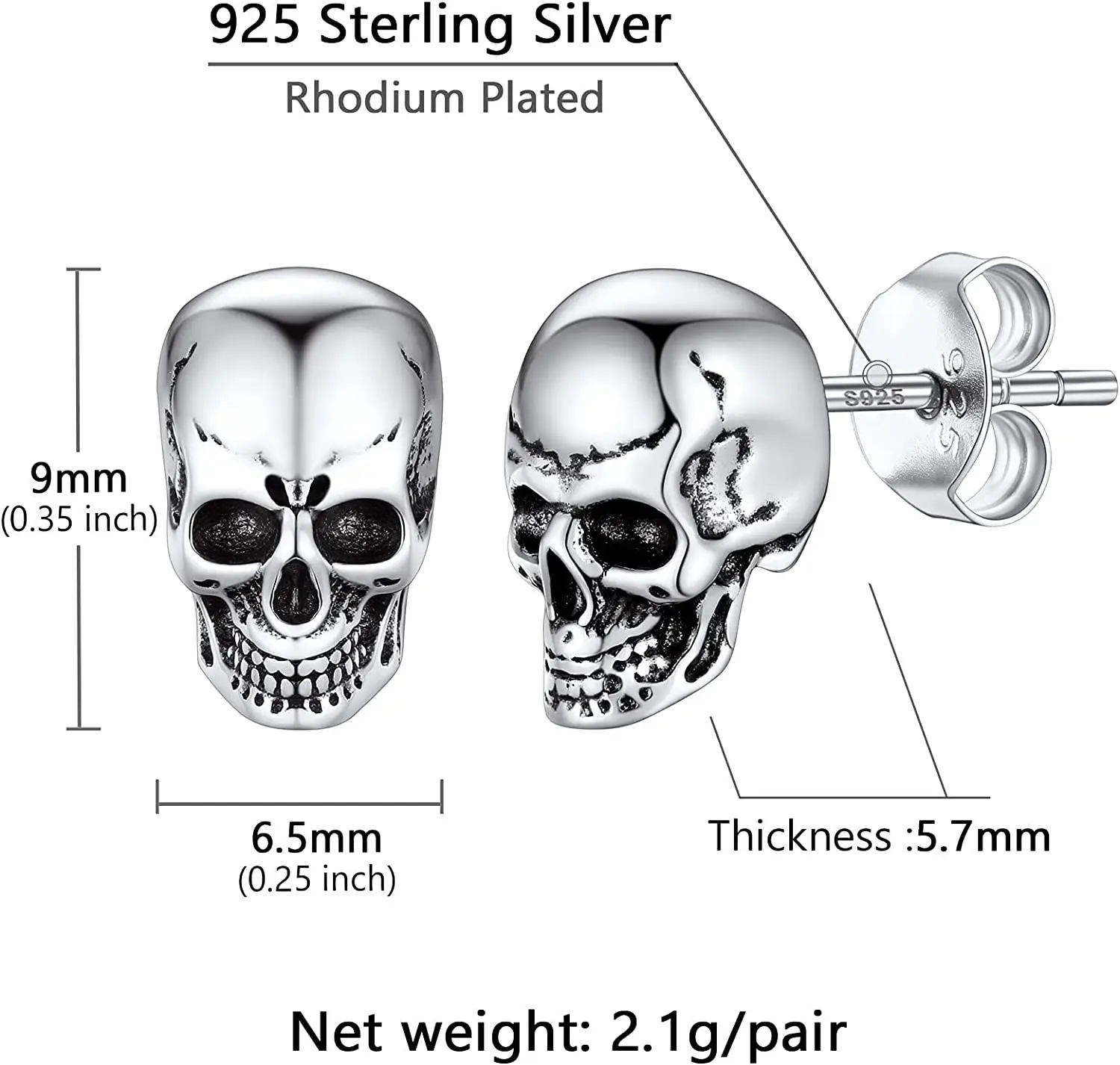 Orecchini a forma di testa di teschio umano Sterling, borchie di teschio d'argento Sterling, borchie per orecchini a teschio gotico da uomo, borchie di teschio grandi o piccole - Italia
