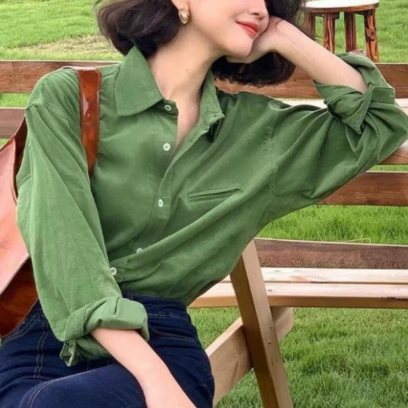

Vintage Korean Spring Autumn New Retro Corduroy Blouse Female Long Sleeved Shirt for Women Casual Loose Bottomed Shirt Top