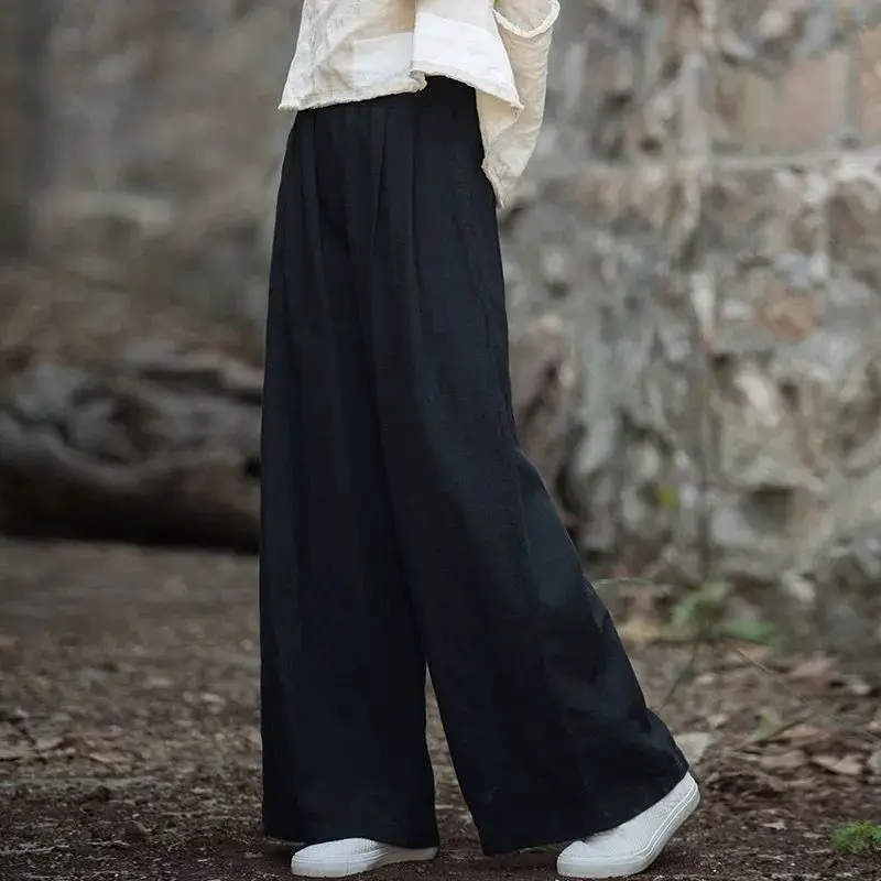 2024 Summer New Art Retro Pants Women's Solid Cotton Hemp High Waist Folds Pocket Button Loose Straight Casual Wide Leg Trousers