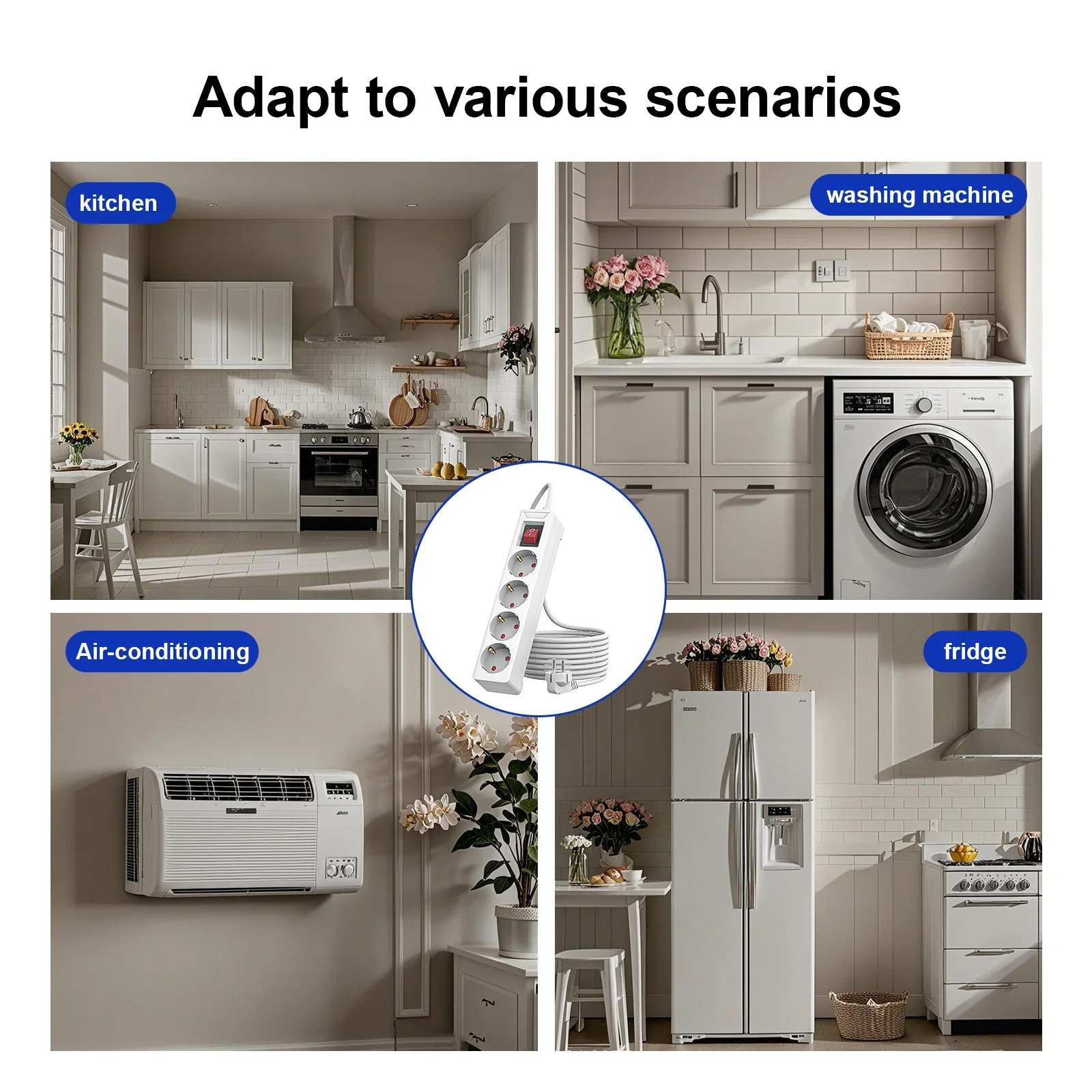 4 Outlet EU Surge Protector Power Strip 1.5m/2m Extension Cord AC Plug Socket Adapter Overload Protection