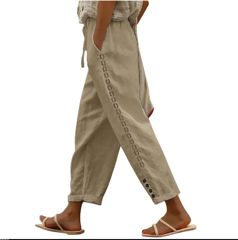 Women Fashion Embroidered Lace Trousers Vintage Lace-Up Pockets Pants Summer Elegant Loose Elastic Waist Long Pants Streetwears