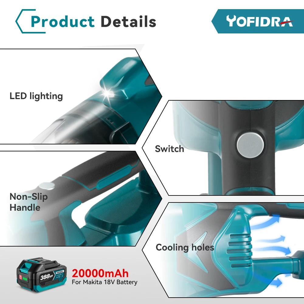 YOFIDRA 1500W Cordless Handheld Electric Vacuum Cleaner Rechargeable Cleaning Tool for Home Car Pet Hair for Makita 18V Battery 6