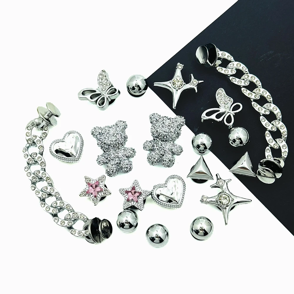 20-teiliges Schuh-Charm-Set, silbriger Bär, Pentagramm, Diamantkette, Schuhdekorationen, Schnalle für Sandalen, Clogs, DIY-Zubehör, Geschenk – Detail 8