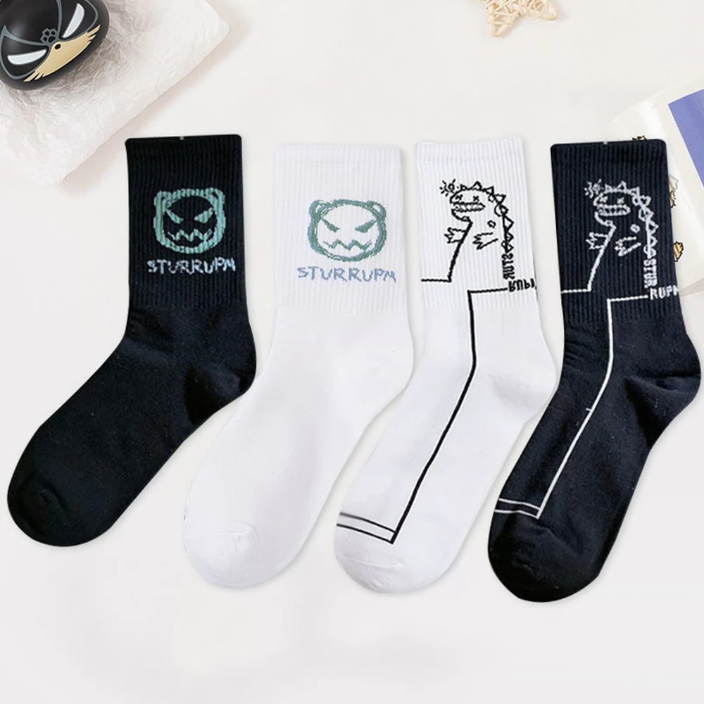 4Pairs High Quality Black&White Cute Cartoon Pattern Breathable Mid Tube Skateboard Socks Harajuku Cotton Boy Girl Casual Socks