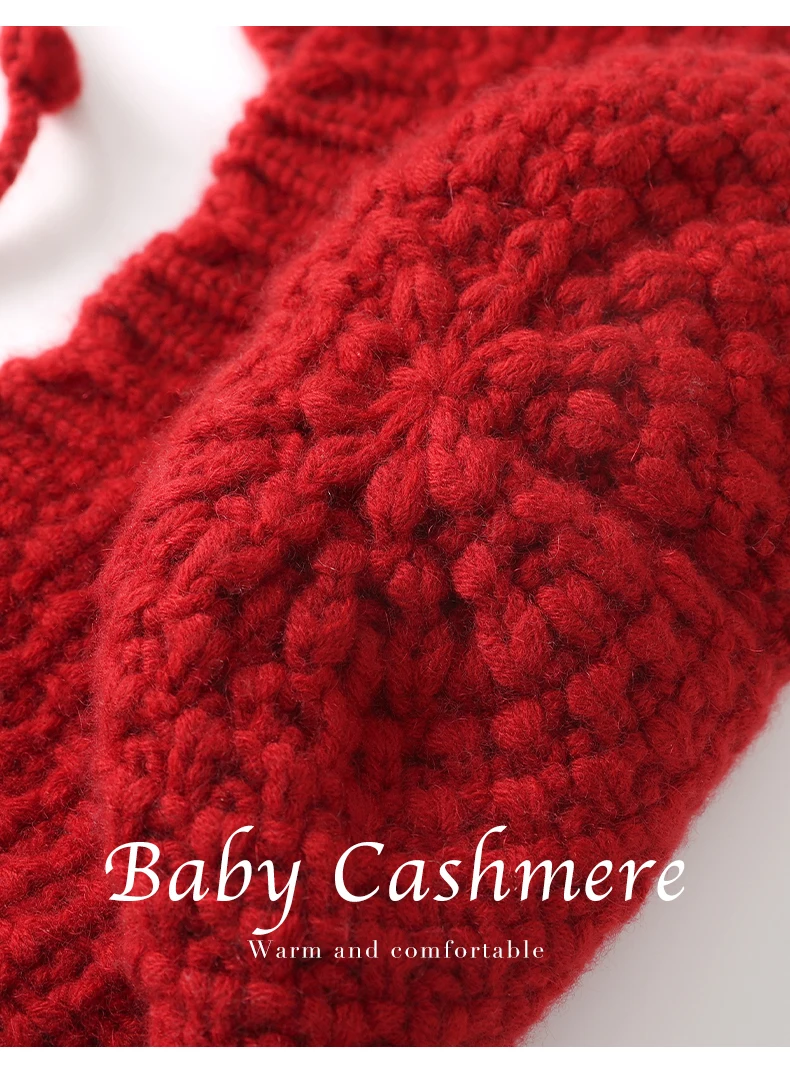 Damen-Strickmütze aus 100 % Kaschmir mit handgefertigter Quaste, rot, warmer Gehörschutz, Winter-Kopfwickel, modische Krawatte, Winter-Accessoire – Detail 23