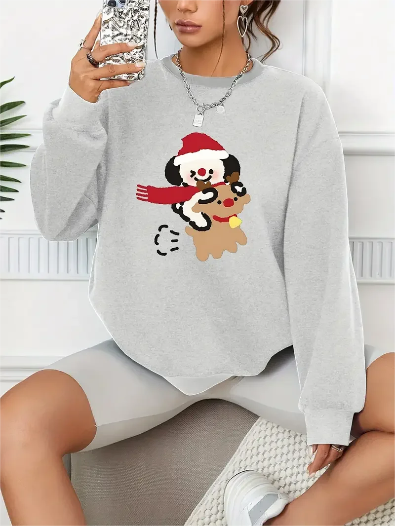 Christmas Cute Puppy & Reindeer Print Pullover Casual Loose Fashion Long-Sleeved Sweatshirt Solid Color Women's Clothing