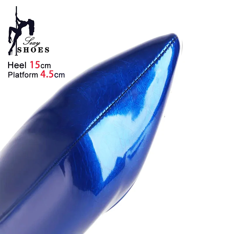 Big Size 43 Pointed Platform Boots For Women 15CM Stiletto Glossy Patent leather Winter Knee-High Boots Nightclub Dance Shoes
