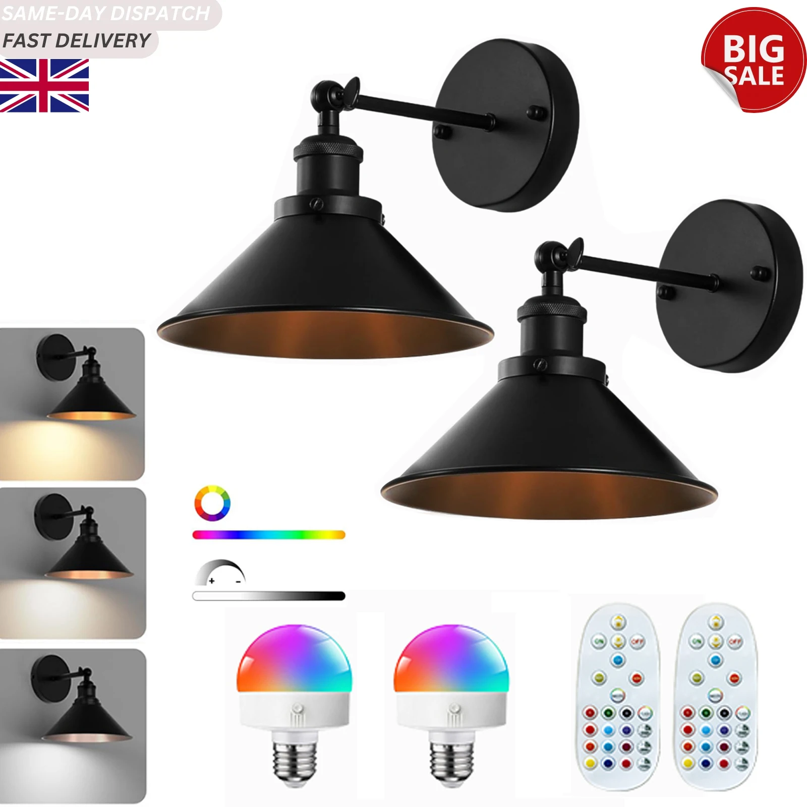 2x Battery Powered Wall Sconce, Rechargeable LED Wall Lights with RGB Dimmable Bulbs and Remote, Wireless Wall Lamps for Bedroom