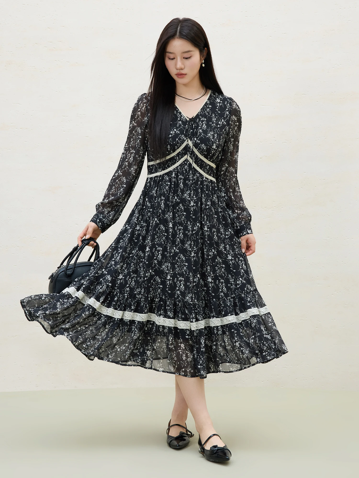 DUSHU Office Lady Women's Flowing Umbrella Chiffon V-neck