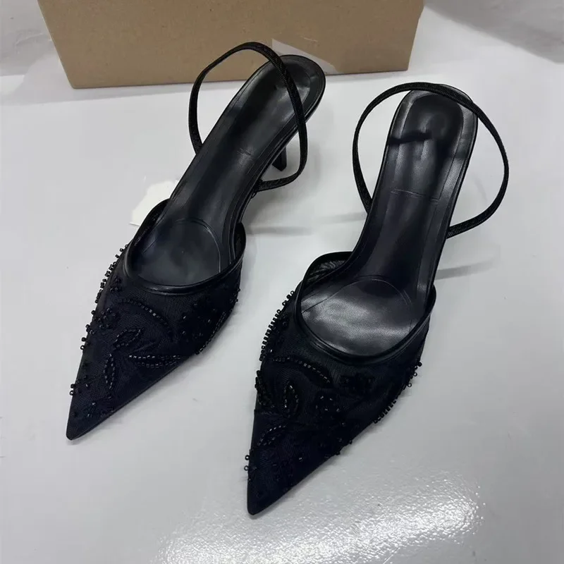 Women Embroidered Mesh Bead String Shoes Black Fashion Print Stiletto Women Slingback Pumps Sexy Pointed End Woman Sandals