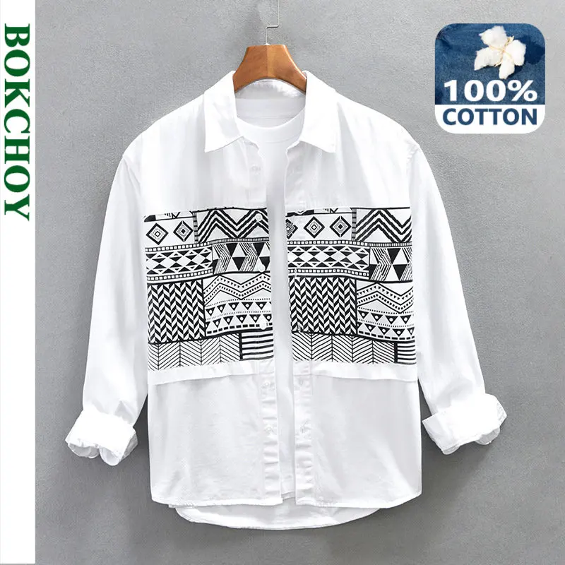 

Spring New Casual Patchwork Printed Shirt Men 100% Cotton Simple Four Seasons Men Clothing Oversize AZ758