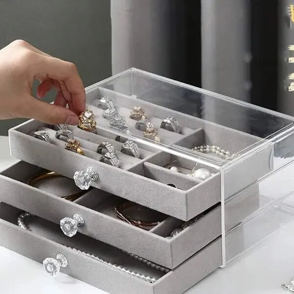 Scfdd9753f8e24ee99c7a32ca7c6e4ea4M Acrylic Jewelry Organizer Box 3 Drawers Clear Jewelry Storage Box For Earrings Bracelet Necklace Ring Watch Holder Velvet Box