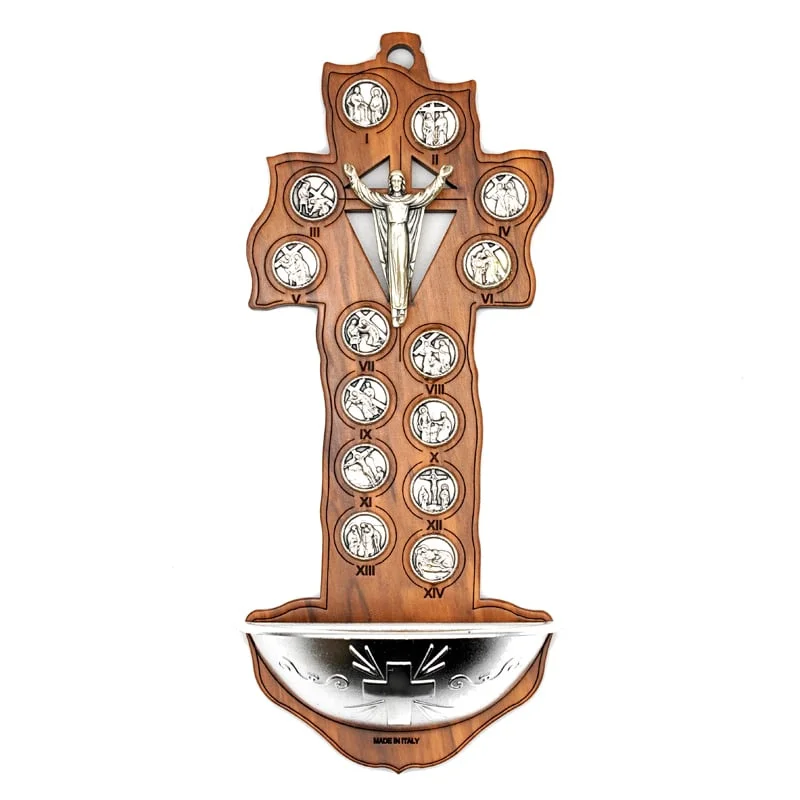 14 Bitter Road Holy Water Pools Olive Wood Wooden Wall Cross for Church and Home Decor 16x7cm