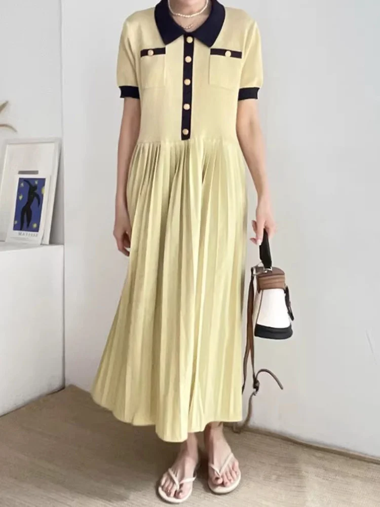 

Women V-neck Contrast Knitting Dress Loose Causal Pocket Patchwork Fashion Short Sleeve Knit Dresses 2023 Summer New Tide Y581