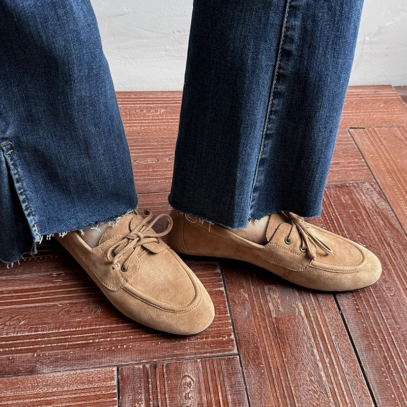 Women Pumps Low Heels Round Toe Lace Up Sheep Suede Quality Shoes Woman Retro Lace-Up Office Lady Working Spring Summer 2025 New 3