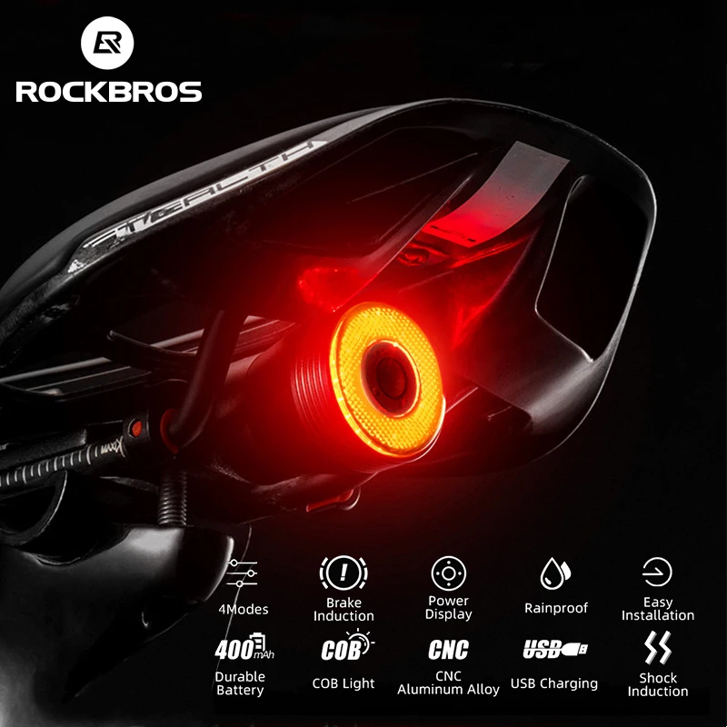 

ROCKBROS Bike Light LED Bicycle IPx6 Waterproof USB Charging Taillight Cycling Q5 Flashlight Auto Brake Sensing Smart Rear Light