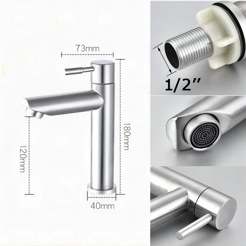 Basin Faucet Stainless Steel Faucet Bathroom Faucet BAOKEMO Basin Faucet 1/2Inch 304 Stainless Steel Single Cold Water Tap