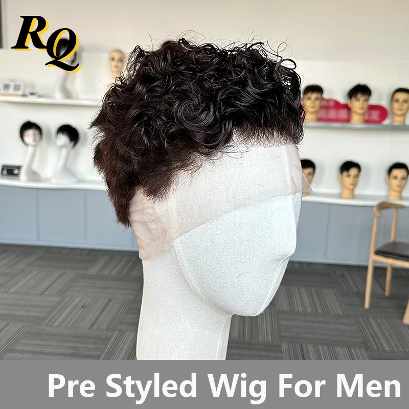 Curly Wig For Men Color 2 Pre Styled Short Cut Full Lace Wig Male Hairpiece Toupee Virgin Human Hair Replacement System Pieces