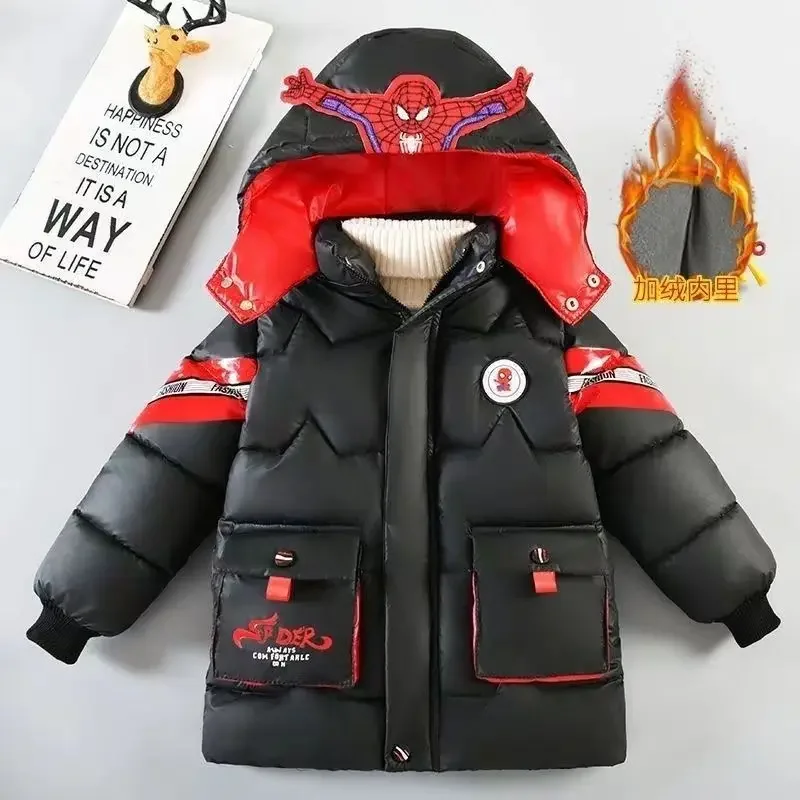 Children Warm Cotton-padded Coat Winter Kids Boys Cartoon Spider Man Hooded Parka Toddler Plush Thick No Wash Outerwear