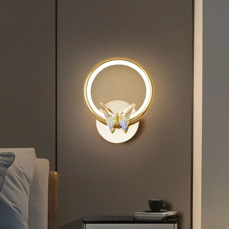 Crystal Butterfly LED Wall Lamp Bedroom Bedside Tv Background Modern Sconces Gold Metal Unique Lighting Surface Mount decorative wall lights