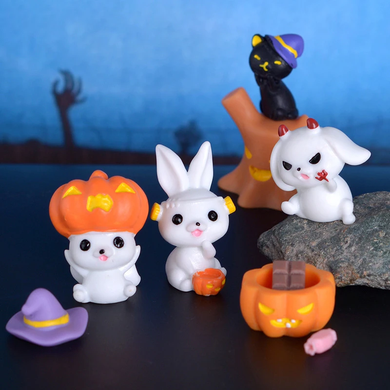 

Halloween Micro Landscape Miniature Figurines Resin Craft Mini Ornaments Cute Pumpkin Hat Rabbit Ghost Vampire Decoration