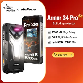 【NEW】Ulefone AI Smartphone Armor 34 Pro 5G 25500mAh Built-in Projector 512GB ROM 120Hz 6.95" NFC Smartphone Mobile Phone