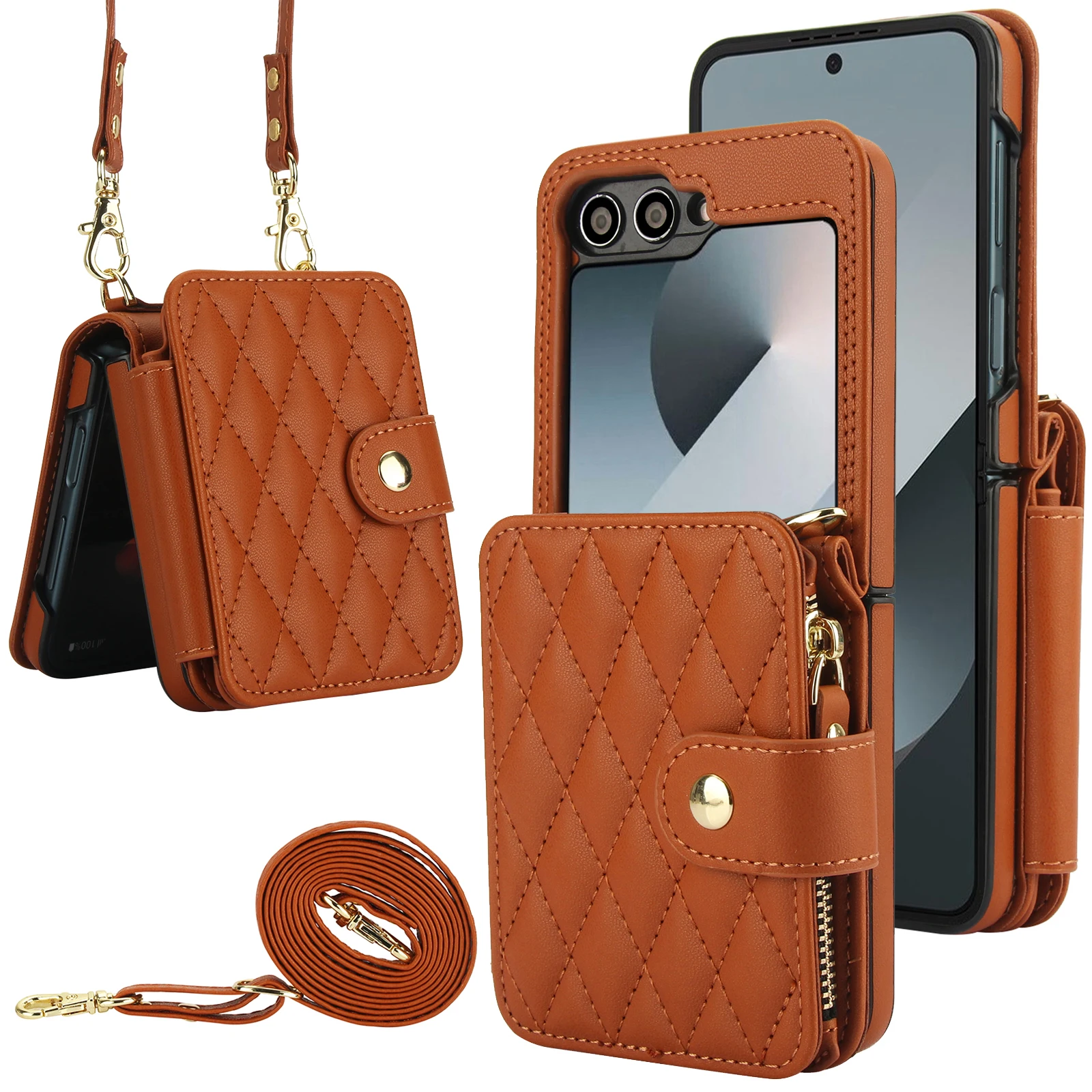 Crossbody Leather Wallet Case with Zipper and Card Slots - Grid Pattern and Long Lanyard